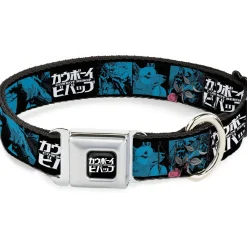COWBOY BEBOP Title Logo Full Color Black/White Seatbelt Buckle Collar - COWBOY BEBOP Title Logo and Character Blocks Black/Blues