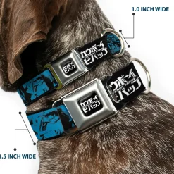 COWBOY BEBOP Title Logo Full Color Black/White Seatbelt Buckle Collar - COWBOY BEBOP Title Logo and Character Blocks Black/Blues