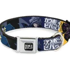 COWBOY BEBOP Title Logo Full Color Black/White Seatbelt Buckle Collar - COWBOY BEBOP Spike Vicious and Faye Pose and Title Logo Blues/Yellow