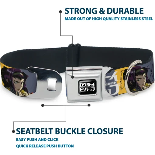 COWBOY BEBOP Title Logo Full Color Black/White Seatbelt Buckle Collar - COWBOY BEBOP Spike Vicious and Faye Pose and Title Logo Blues/Yellow