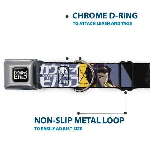 COWBOY BEBOP Title Logo Full Color Black/White Seatbelt Buckle Collar - COWBOY BEBOP Spike Vicious and Faye Pose and Title Logo Blues/Yellow