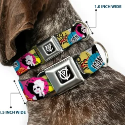 Cruella de Vil CDV Icon Black/White Seatbelt Buckle Collar - Cruella de Vil Cruell World and Round Badge Icons Collage