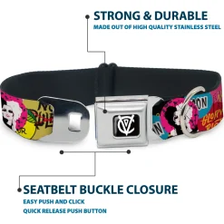 Cruella de Vil CDV Icon Black/White Seatbelt Buckle Collar - Cruella de Vil Cruell World and Round Badge Icons Collage