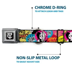 Cruella de Vil CDV Icon Black/White Seatbelt Buckle Collar - Cruella de Vil Cruell World and Round Badge Icons Collage