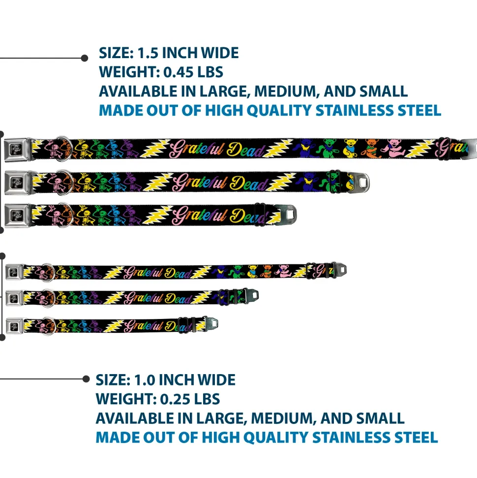 Dancing Bear Black/Silver Seatbelt Buckle Collar - Grateful Dead Script w/Bears & Skeletons Black/Multi Color