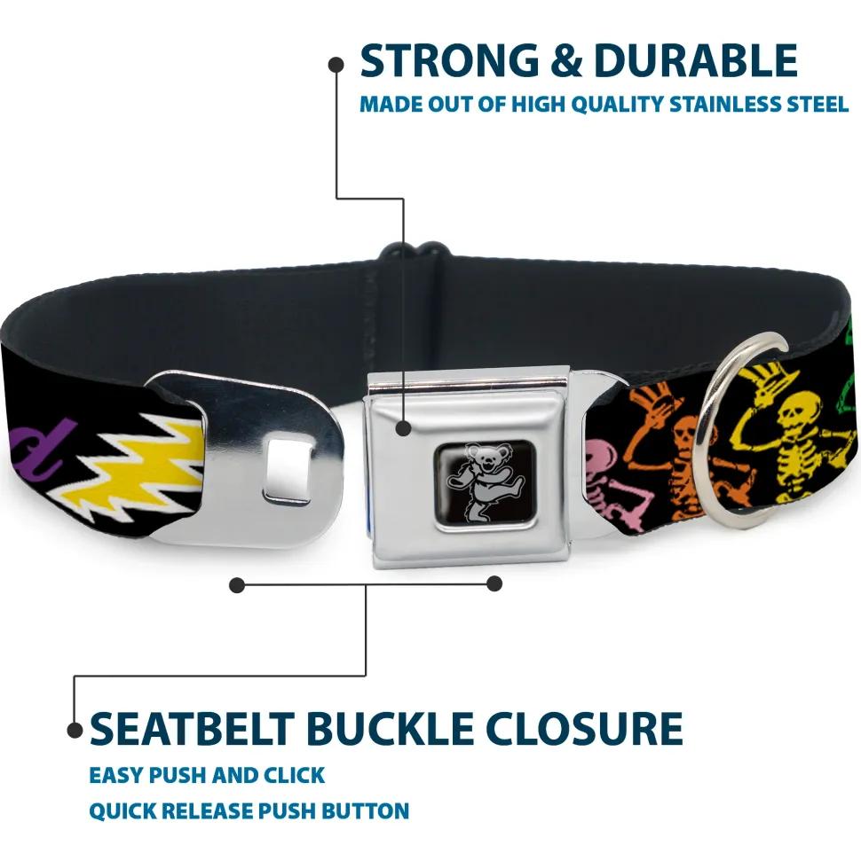 Dancing Bear Black/Silver Seatbelt Buckle Collar - Grateful Dead Script w/Bears & Skeletons Black/Multi Color