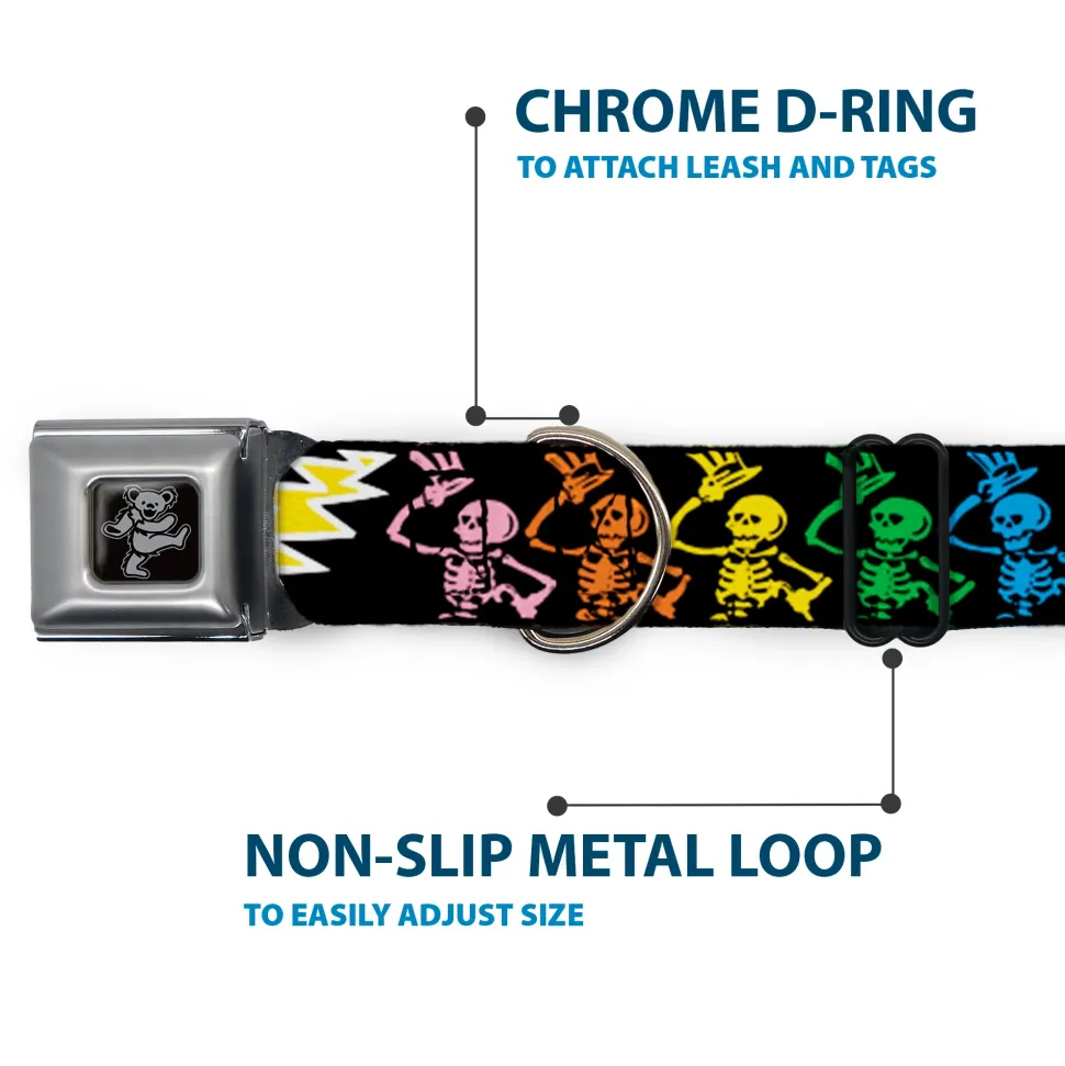 Dancing Bear Black/Silver Seatbelt Buckle Collar - Grateful Dead Script w/Bears & Skeletons Black/Multi Color