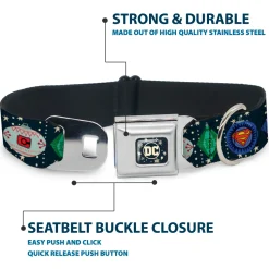 DC Comics Holiday Logo Full Color Black/White Seatbelt Buckle Collar - DC Comics Justice League Holiday Ornament Icons and Stars