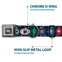 DC Comics Holiday Logo Full Color Black/White Seatbelt Buckle Collar - DC Comics Justice League Holiday Ornament Icons and Stars