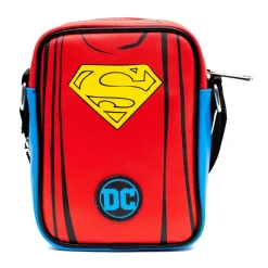 DC Comics Vegan Leather Crossbody Bag with Adjustable Straps, Superman Character Close Up with Super Logo and Belt Appliques, Blue