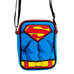 DC Comics Vegan Leather Crossbody Bag with Adjustable Straps, Superman Character Close Up with Super Logo and Belt Appliques, Blue