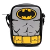 DC Comics Vegan Leather Round Crossbody Bag with Adjustable Straps, Batman Character Close Up with Bat and Belt Appliques, Black and Grey