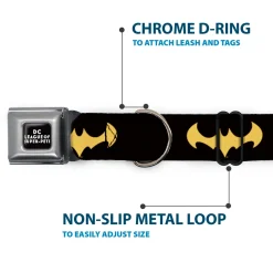 DC LEAGUE OF SUPER-PETS Logo Full Color Black/White Seatbelt Buckle Collar - DC League of Super-Pets Batman Bat Logo Black/Yellow