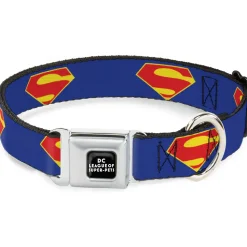 DC LEAGUE OF SUPER-PETS Logo Full Color Black/White Seatbelt Buckle Collar - DC League of Super-Pets Superman Shield Logo Blue/Red/Yellow