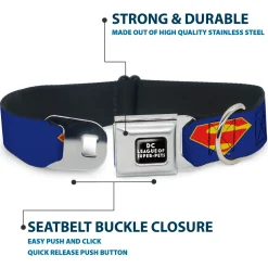 DC LEAGUE OF SUPER-PETS Logo Full Color Black/White Seatbelt Buckle Collar - DC League of Super-Pets Superman Shield Logo Blue/Red/Yellow
