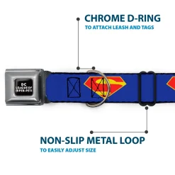 DC LEAGUE OF SUPER-PETS Logo Full Color Black/White Seatbelt Buckle Collar - DC League of Super-Pets Superman Shield Logo Blue/Red/Yellow