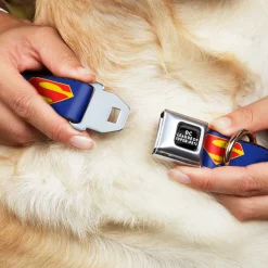 DC LEAGUE OF SUPER-PETS Logo Full Color Black/White Seatbelt Buckle Collar - DC League of Super-Pets Superman Shield Logo Blue/Red/Yellow