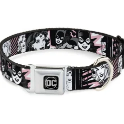 DC Round Logo Black/Silver Seatbelt Buckle Collar - Batgirl/Wonder Woman/Supergirl Retro Panels Black/Pink/White