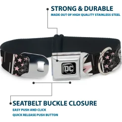DC Round Logo Black/Silver Seatbelt Buckle Collar - Batgirl/Wonder Woman/Supergirl Retro Panels Black/Pink/White