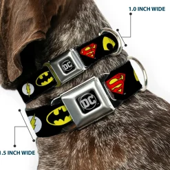 DC Round Logo Black/Silver Seatbelt Buckle Collar - Justice League 6-Superhero Logos Black