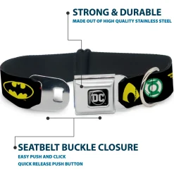 DC Round Logo Black/Silver Seatbelt Buckle Collar - Justice League 6-Superhero Logos Black