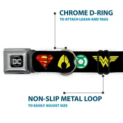 DC Round Logo Black/Silver Seatbelt Buckle Collar - Justice League 6-Superhero Logos Black