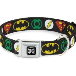 DC Round Logo Black/Silver Seatbelt Buckle Collar - Justice League Superhero Logos