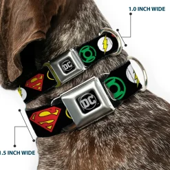 DC Round Logo Black/Silver Seatbelt Buckle Collar - Justice League Superhero Logos