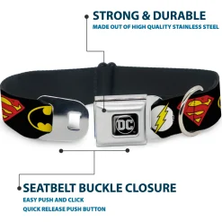 DC Round Logo Black/Silver Seatbelt Buckle Collar - Justice League Superhero Logos
