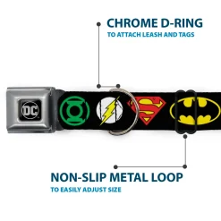 DC Round Logo Black/Silver Seatbelt Buckle Collar - Justice League Superhero Logos
