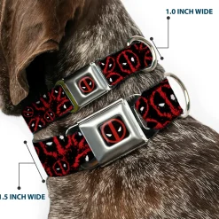 Deadpool Logo Black/Red/White Seatbelt Buckle Collar - Deadpool Splatter Logo Scattered Black/Red/White