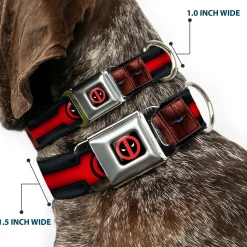 Deadpool Logo CLOSE-UP Black/Red/White Seatbelt Buckle Collar - Deadpool Utility Belt Logo/Pockets Black/Reds/Browns