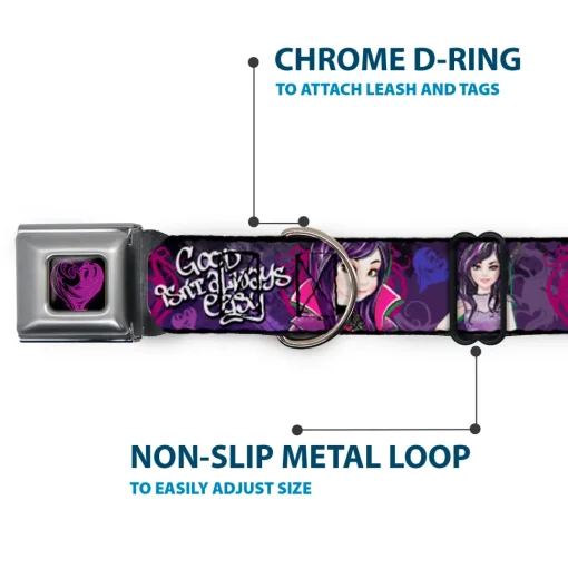Descendants Dragon Heart Full Color Black/Purples Seatbelt Buckle Collar - Descendants Mal 3-Poses GOOD ISN'T ALWAYS/Hearts/Dragons EASY Purples/Pinks
