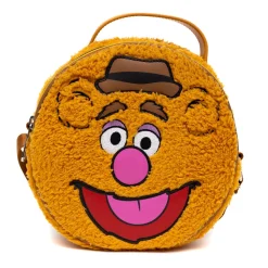 Disney Bag, Cross Body, Round, The Muppets Fozzie Bear Face Character Close Up Faux Fur, Brown, Vegan Leather