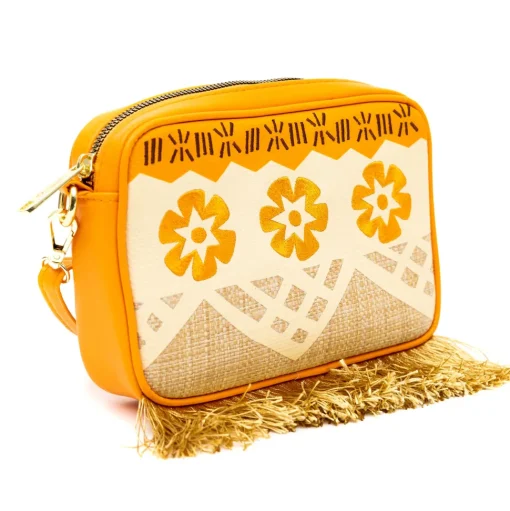 Disney Bag, Horizontal Cross Body, Moana Embroidered Skirt Pattern with Hei Hei and Pua Pose, Raffia Straw