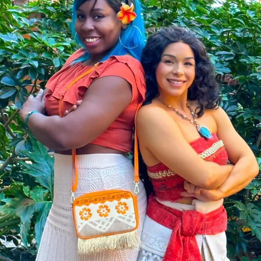 Disney Bag, Horizontal Cross Body, Moana Embroidered Skirt Pattern with Hei Hei and Pua Pose, Raffia Straw