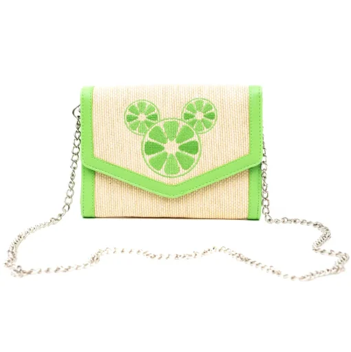 Disney Bag, Horizontal Fold Over Cross Body, Mickey Mouse Embroidered Citrus Ears Lime Green, Raffia Straw