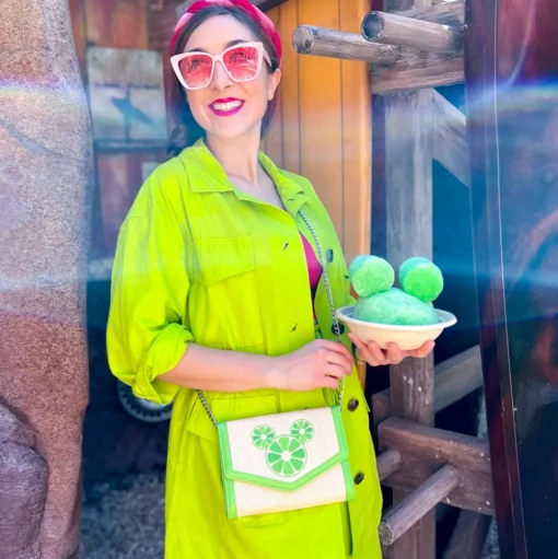 Disney Bag, Horizontal Fold Over Cross Body, Mickey Mouse Embroidered Citrus Ears Lime Green, Raffia Straw