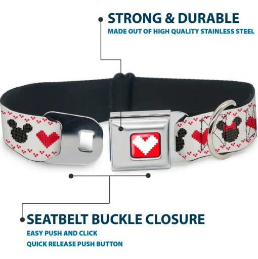 Disney Holiday Mickey and Minnie Mouse Heart Sweater Stitch Full Color Reds Seatbelt Buckle Collar - Disney Holiday Mickey and Minnie Mouse Heart Sweater Stitch White/Red/Black