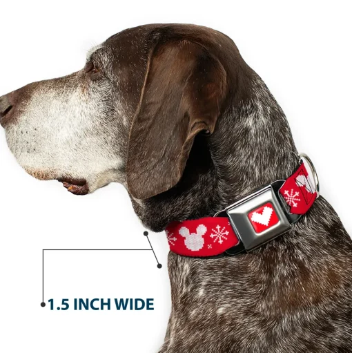 Disney Holiday Mickey Mouse Heart Sweater Stitch Full Color Red/White Seatbelt Buckle Collar - Disney Holiday Mickey Mouse Heart Sweater Stitch Red/White