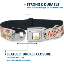 Disney Princess Crown Full Color Golds Seatbelt Buckle Collar - Moana with Pua and Hei Hei Sail Pose with Script and Flowers Beige/Orange