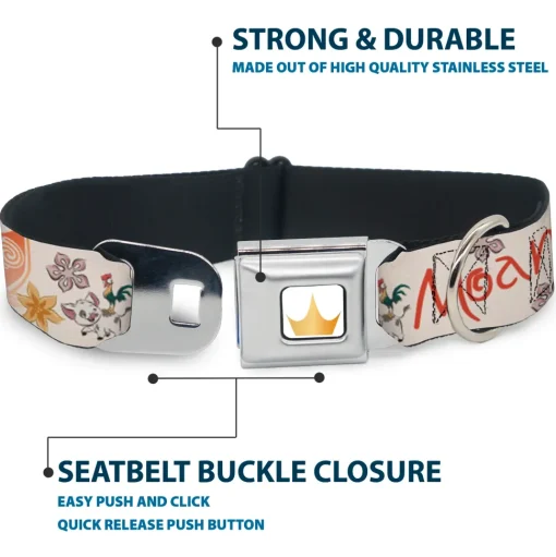 Disney Princess Crown Full Color Golds Seatbelt Buckle Collar - Moana with Pua and Hei Hei Sail Pose with Script and Flowers Beige/Orange