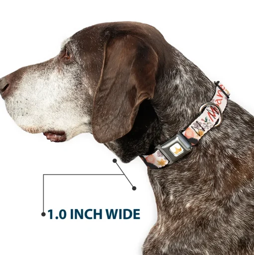 Disney Princess Crown Full Color Golds Seatbelt Buckle Collar - Moana with Pua and Hei Hei Sail Pose with Script and Flowers Beige/Orange
