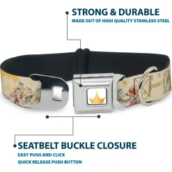 Disney Princess Crown Full Color Golds Seatbelt Buckle Collar - Snow White and the Seven Dwarfs with Script and Flowers Yellows