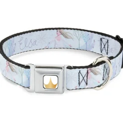 Disney Princess Crown Full Color Golds Seatbelt Buckle Collar - Frozen Elsa Snowflake Pose with Trees and Script Blues/Purples