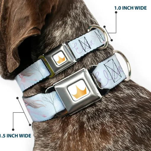 Disney Princess Crown Full Color Golds Seatbelt Buckle Collar - Frozen Elsa Snowflake Pose with Trees and Script Blues/Purples