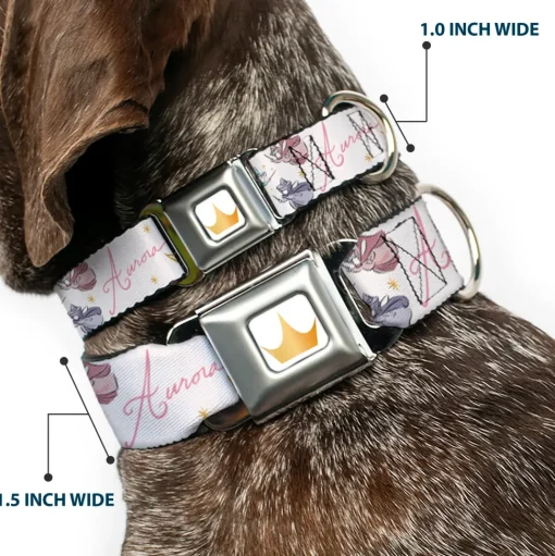 Disney Princess Crown Full Color Golds Seatbelt Buckle Collar - Sleeping Beauty Aurora Castle and Fairy Godmothers Pose with Script and Flowers White/Pinks