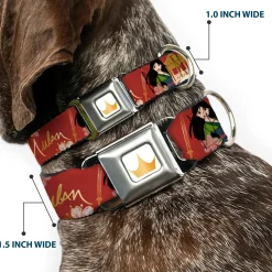 Disney Princess Crown Full Color Golds Seatbelt Buckle Collar - Mulan Gazebo Pose with Flowers and Script Red/Golds