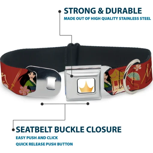 Disney Princess Crown Full Color Golds Seatbelt Buckle Collar - Mulan Gazebo Pose with Flowers and Script Red/Golds