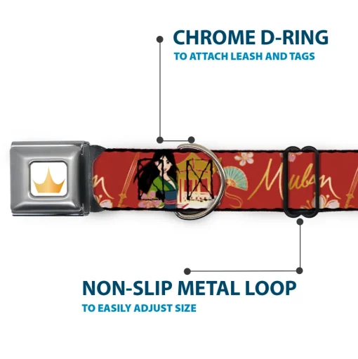 Disney Princess Crown Full Color Golds Seatbelt Buckle Collar - Mulan Gazebo Pose with Flowers and Script Red/Golds
